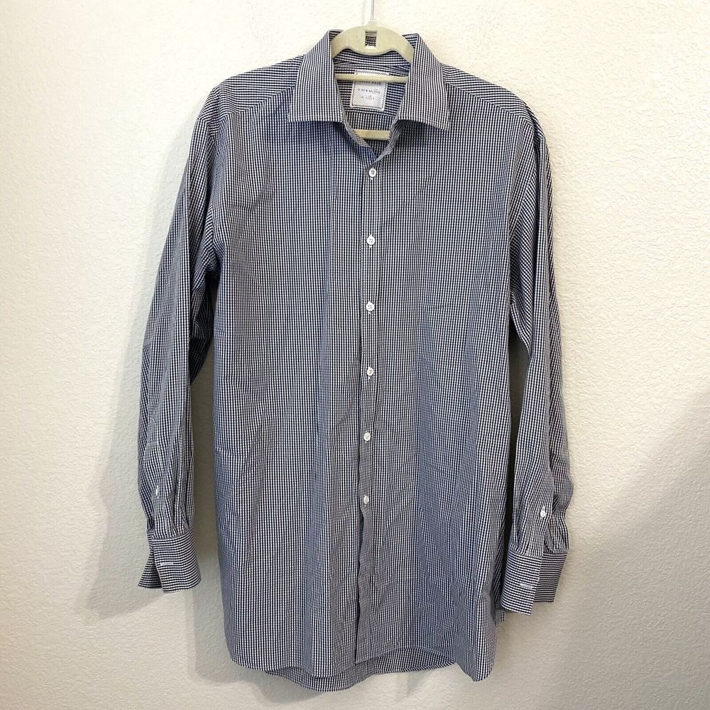 Billy Reid Shirt Mens Size 17 Plaid Checks Gray White Long Sleeve Button Front